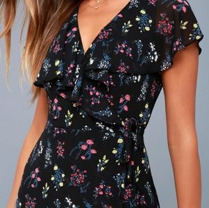 Black floral faux wrap dress
